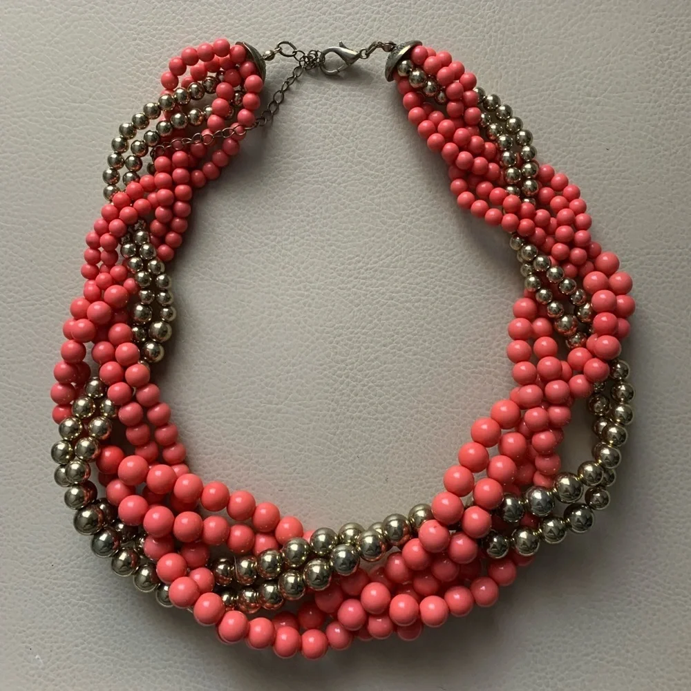 Coral Pink & Gold Braided Bead Statement Necklace